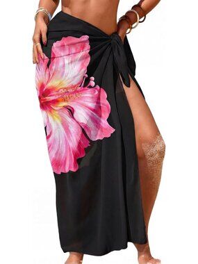Women's Black Hibiscus Swimsuit High Slit Summer Floral Print Chiffon Wrap Beach